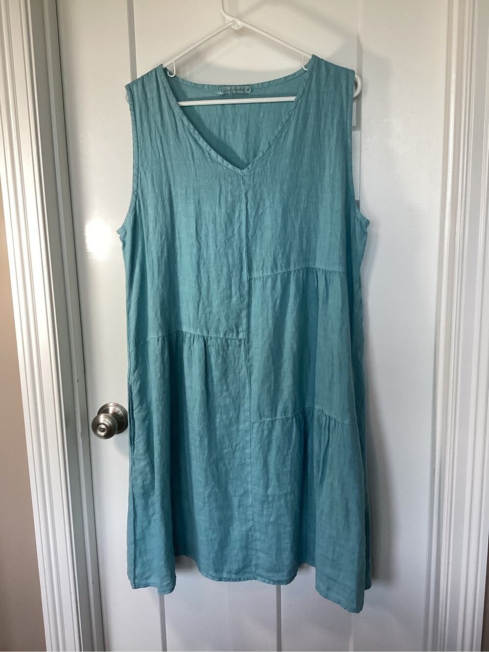 Cut Loose Women's 100% Linen Sleeveless Tiered Patch Dress Bohemian Blue Size XL